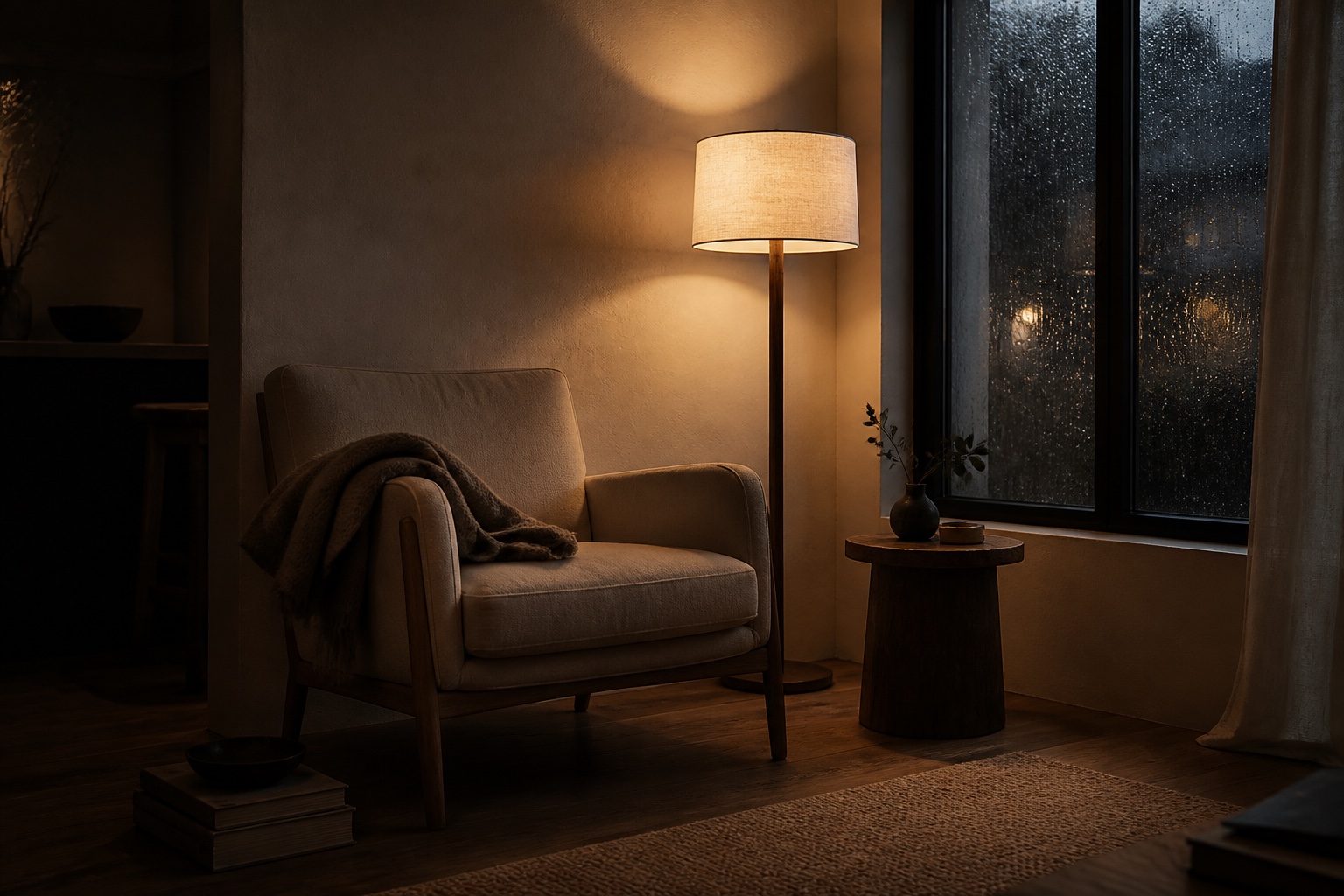 A softly lit reading corner beside a rain-streaked window