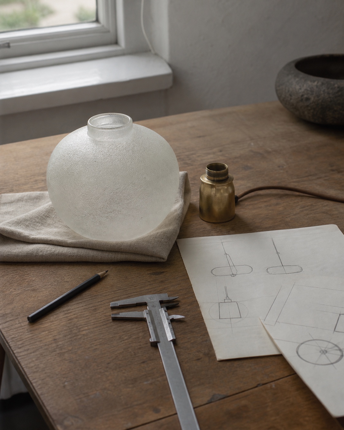Glass, warm metal and lighting studies arranged on a studio table