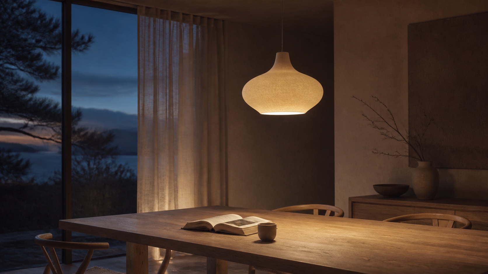 A sculptural pendant casting warm light over a quiet dining table at dusk