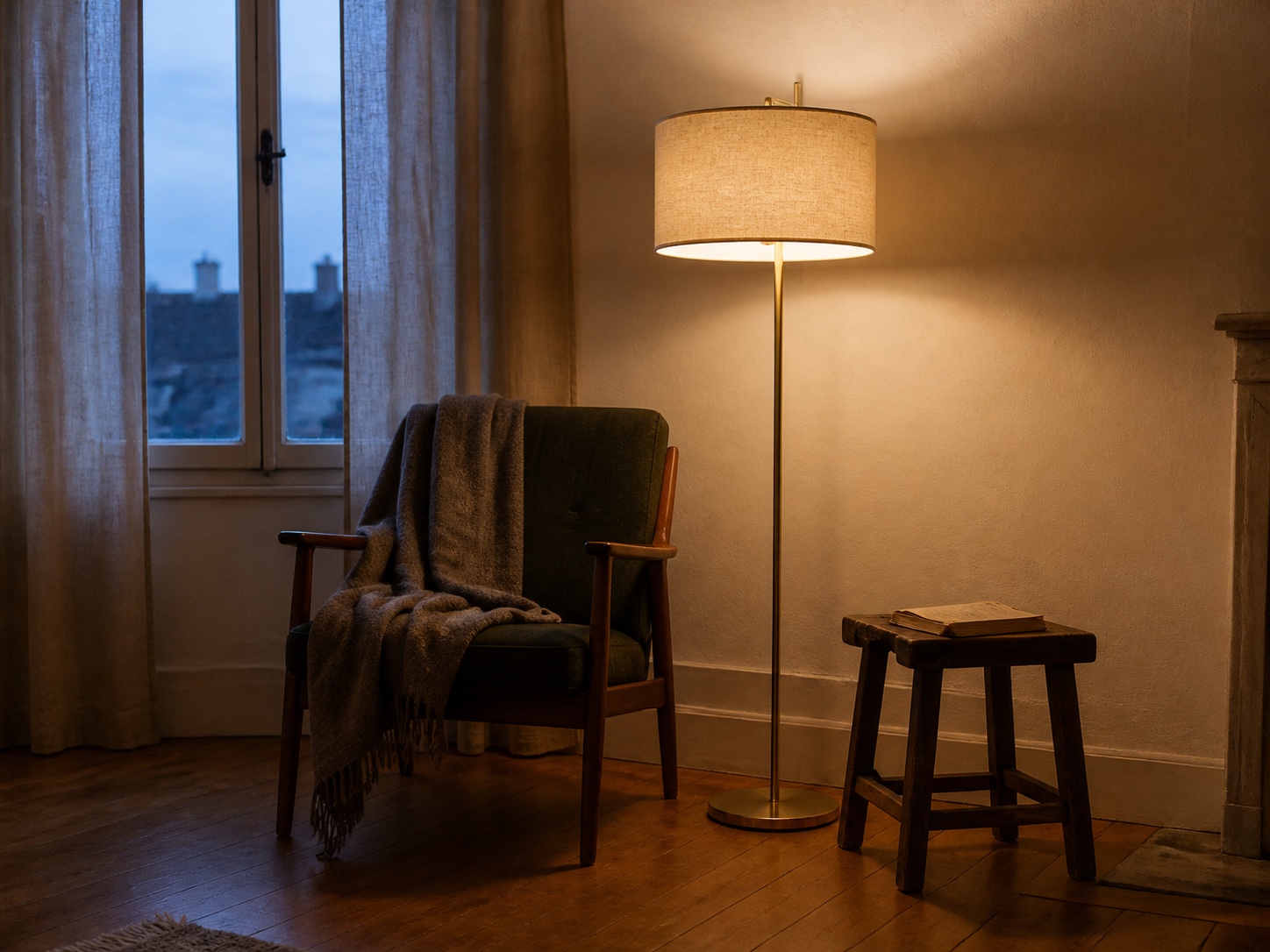 A warm floor lamp in a calm, natural interior